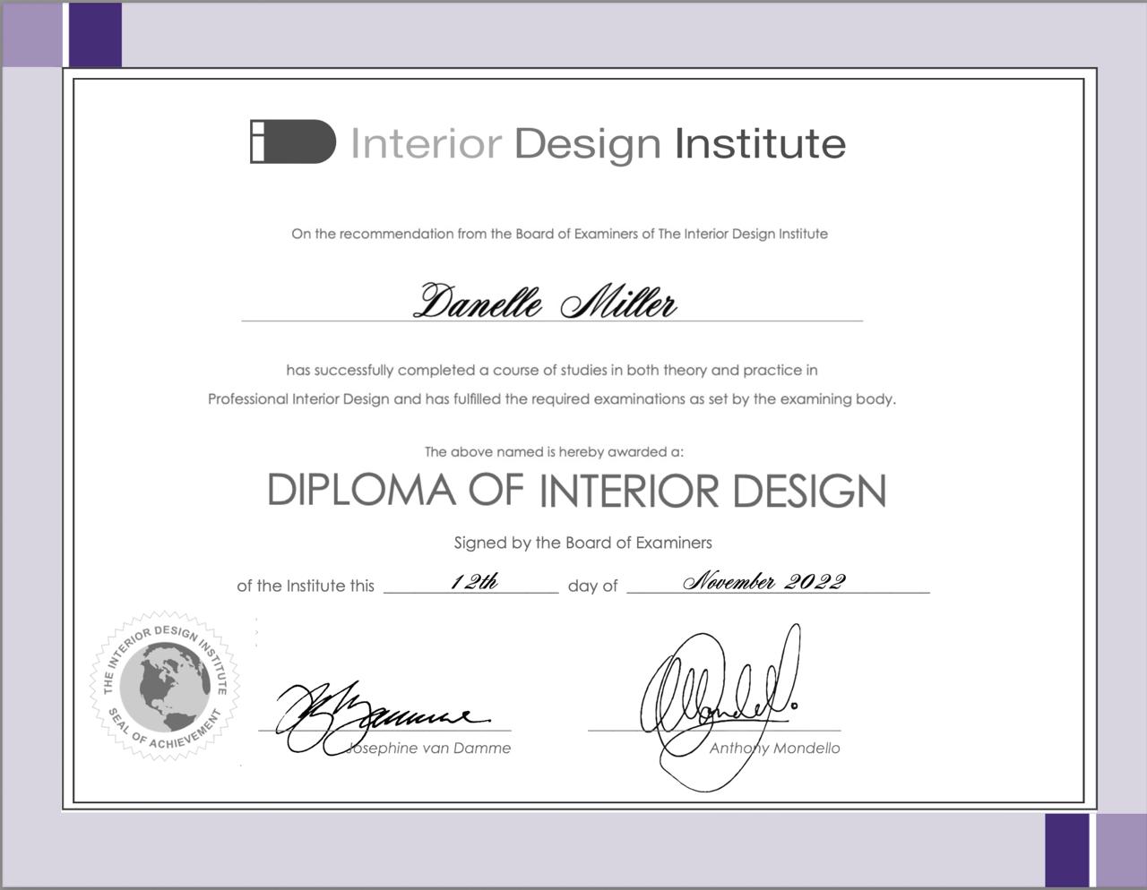 Interior Design Institute — Danelle Miller diploma
